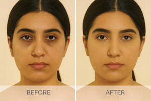 Before and after applying Golden Sand concealer by Laviva Cosmetics showing covered dark circles on medium-deep South Asian skin