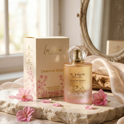 Dawn of Desire perfume bottle and gift box with floral packaging by Laviva Perfumes