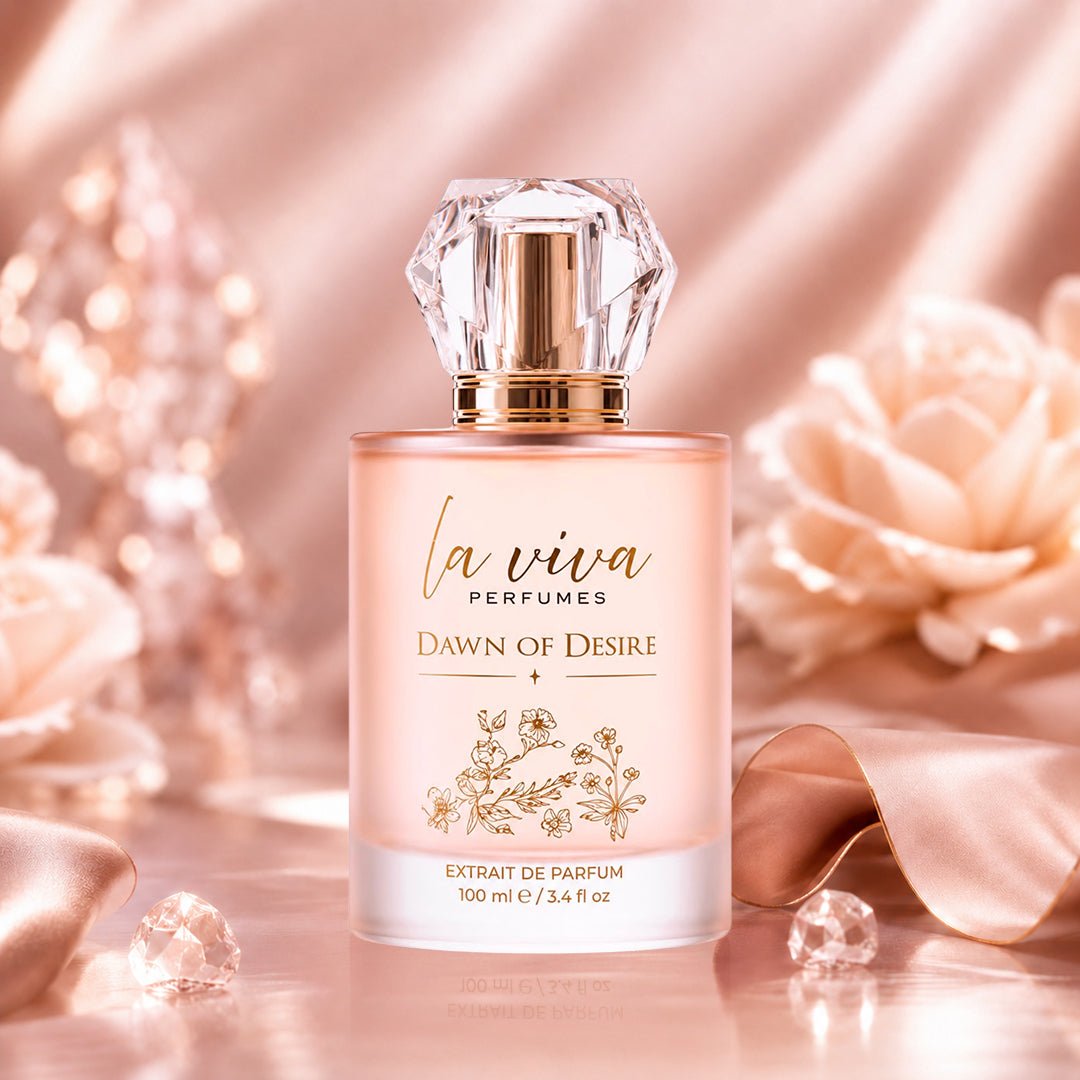 Dawn of Desire Extrait de Parfum blush pink bottle with crystal cap by Laviva Perfumes