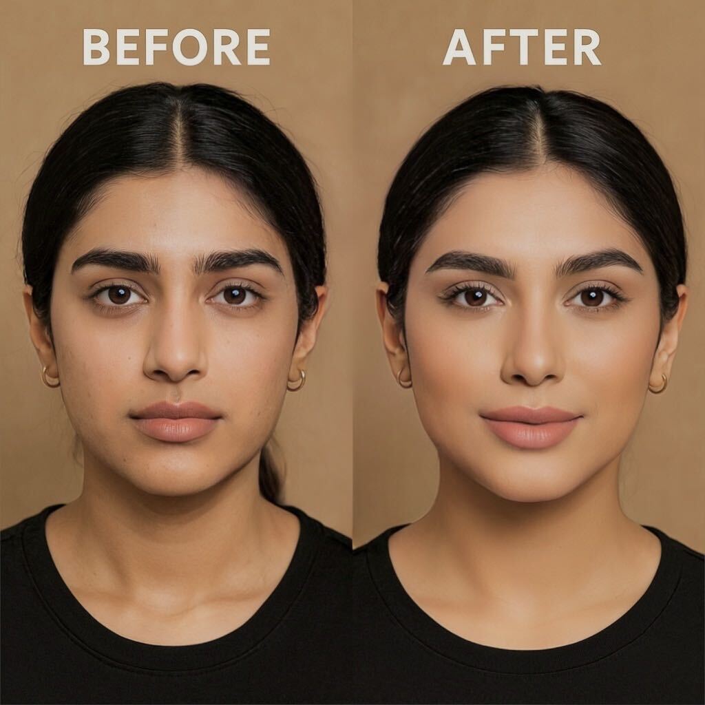 Before and after applying Honey Beige concealer by Laviva Cosmetics showing covered dark circles on medium South Asian skin