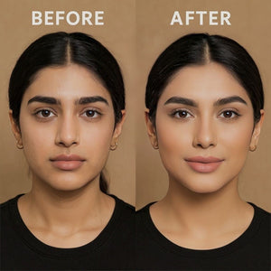 Before and after applying Honey Beige concealer by Laviva Cosmetics showing covered dark circles on medium South Asian skin