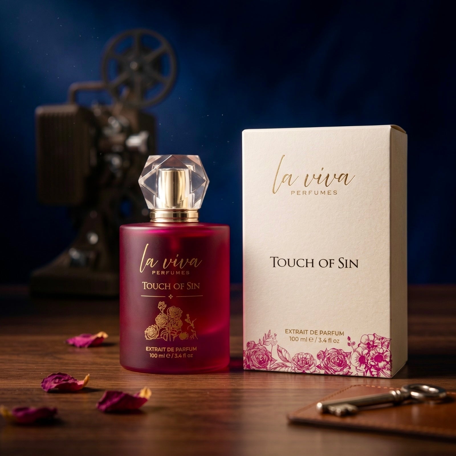 Touch of Sin perfume bottle and gift box with rose petals by Laviva Perfumes