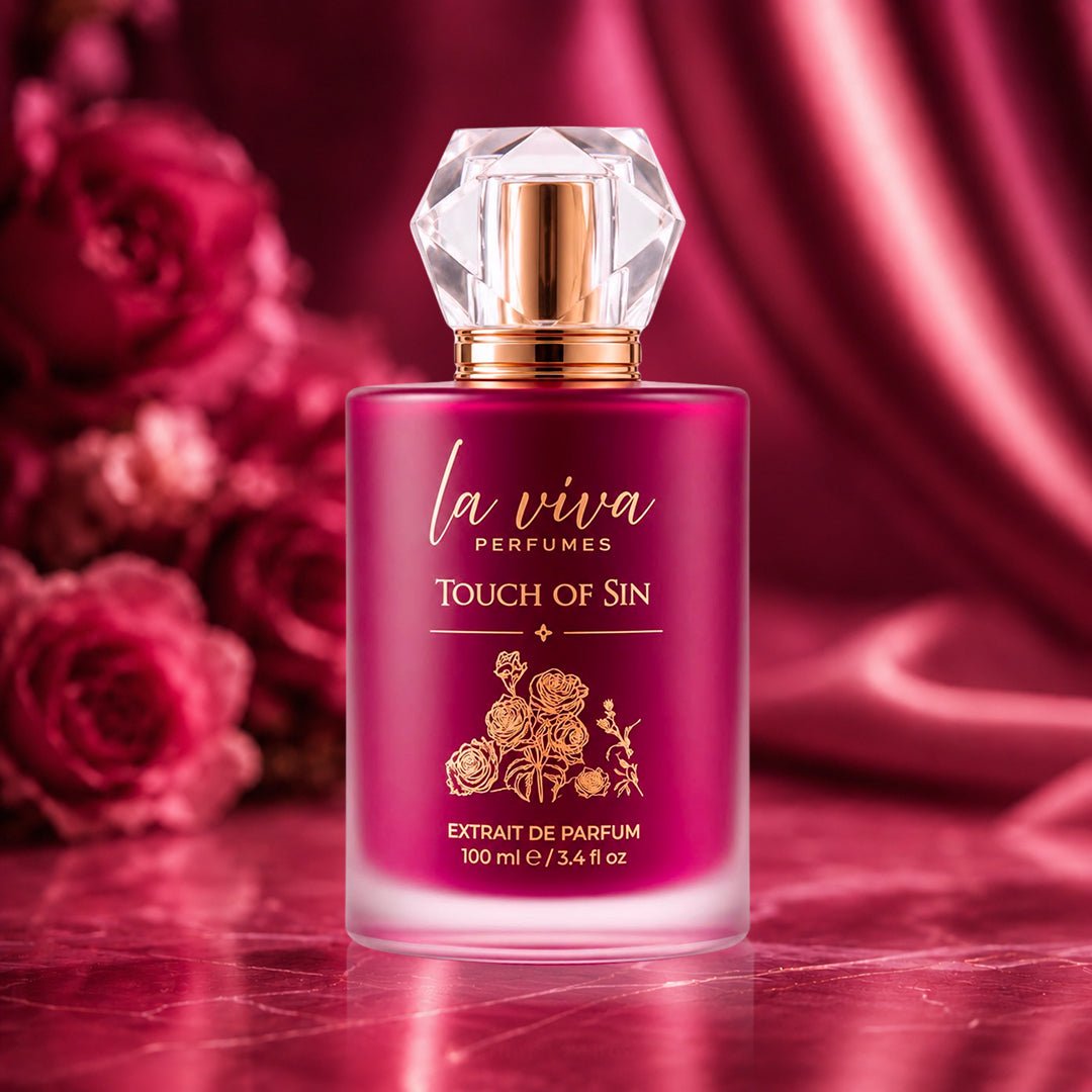 Touch of Sin Extrait de Parfum deep crimson bottle with crystal cap by Laviva Perfumes