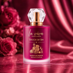 Touch of Sin Extrait de Parfum deep crimson bottle with crystal cap by Laviva Perfumes
